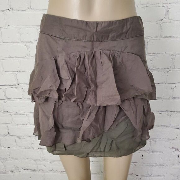 𝅺charlotte Russe Cotton Olive Mini Skirt short ruffled tiered tribal sz 7 - Picture 1 of 5